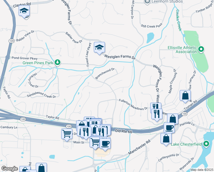 map of restaurants, bars, coffee shops, grocery stores, and more near 2457 Forest Leaf Parkway in Ballwin