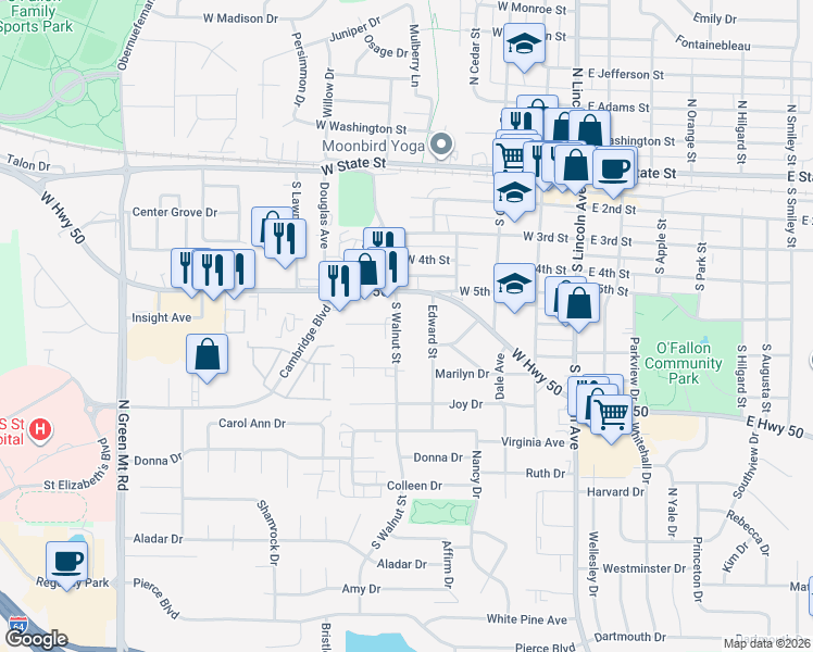 map of restaurants, bars, coffee shops, grocery stores, and more near 508 South Walnut Street in O'Fallon