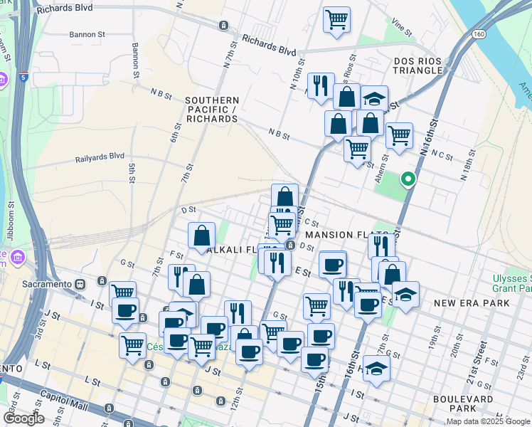 map of restaurants, bars, coffee shops, grocery stores, and more near 308 City Flat Lane in Sacramento