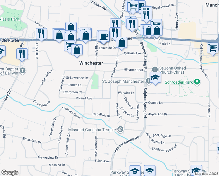 map of restaurants, bars, coffee shops, grocery stores, and more near 435 Chamberlin Drive in Ballwin