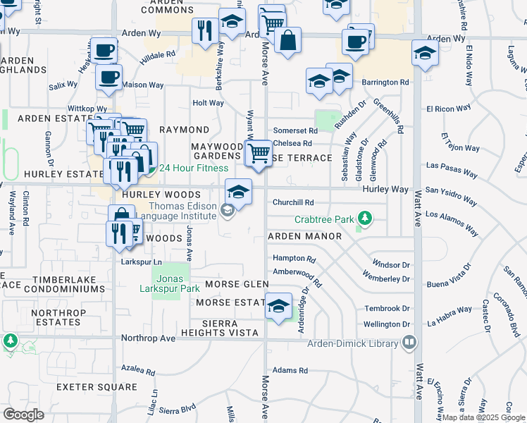 map of restaurants, bars, coffee shops, grocery stores, and more near 1220 Morse Avenue in Sacramento