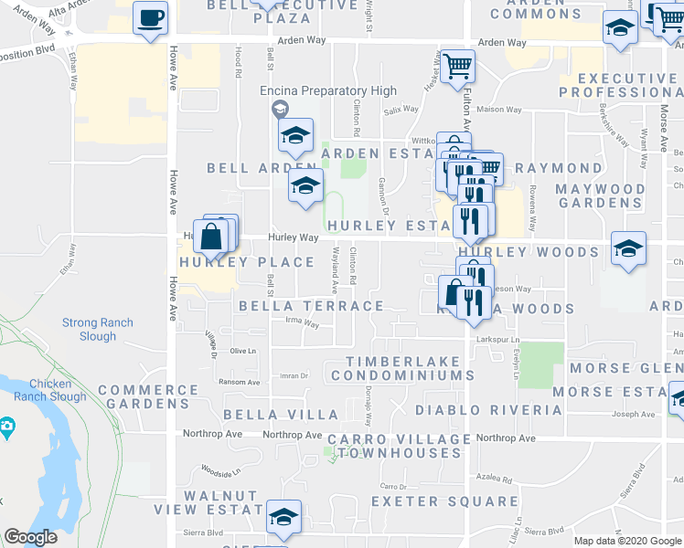 map of restaurants, bars, coffee shops, grocery stores, and more near 1213 Clinton Road in Sacramento