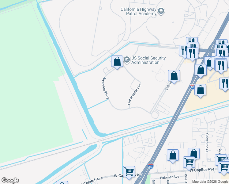 map of restaurants, bars, coffee shops, grocery stores, and more near 885 Riverside Parkway in West Sacramento