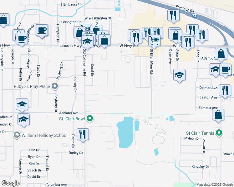 map of restaurants, bars, coffee shops, grocery stores, and more near 202 Autumn Pine Drive in Fairview Heights