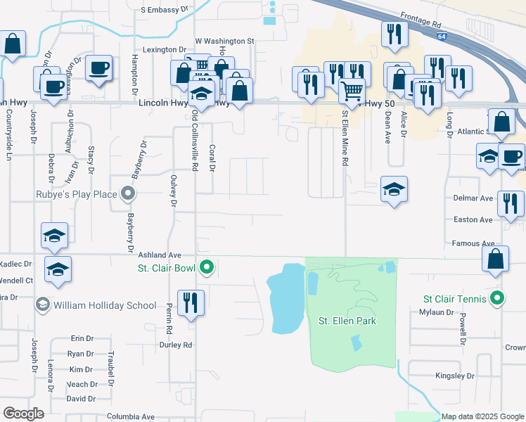 map of restaurants, bars, coffee shops, grocery stores, and more near 202 Autumn Pine Drive in Fairview Heights