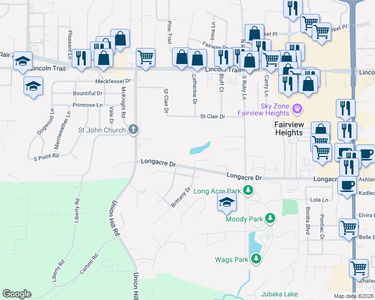 map of restaurants, bars, coffee shops, grocery stores, and more near 345 Longacre Drive in Fairview Heights