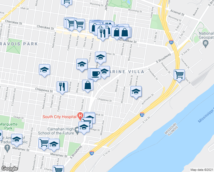 map of restaurants, bars, coffee shops, grocery stores, and more near 3712 South Broadway in St. Louis