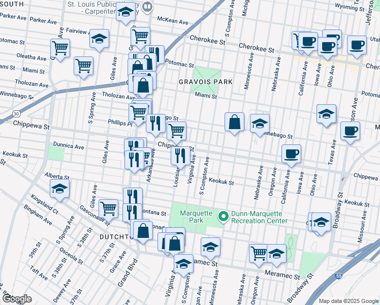 map of restaurants, bars, coffee shops, grocery stores, and more near 3308 Chippewa Street in St. Louis