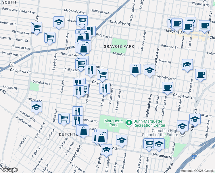 map of restaurants, bars, coffee shops, grocery stores, and more near 3308 Chippewa Street in St. Louis