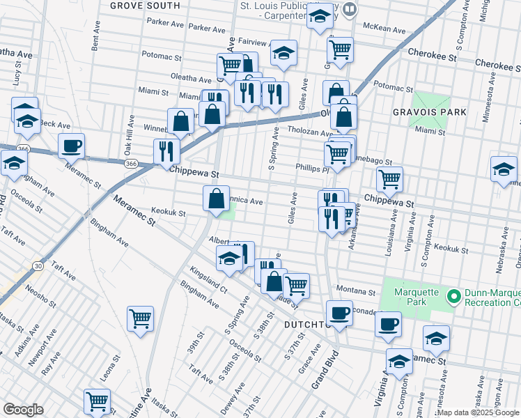 map of restaurants, bars, coffee shops, grocery stores, and more near 3754 Dunnica Avenue in St. Louis