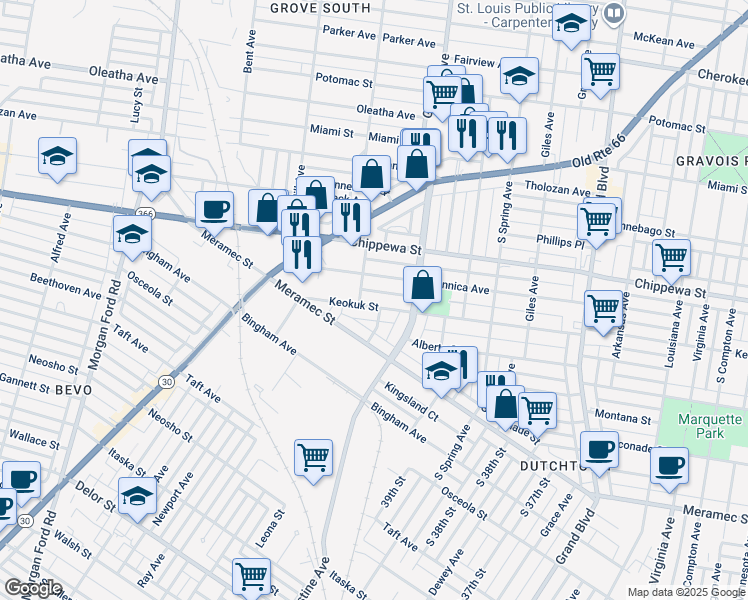 map of restaurants, bars, coffee shops, grocery stores, and more near 3939 Keokuk Street in St. Louis
