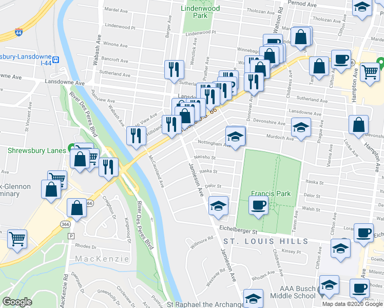 map of restaurants, bars, coffee shops, grocery stores, and more near 6635 Neosho Street in St. Louis