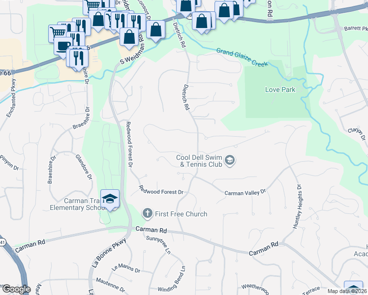 map of restaurants, bars, coffee shops, grocery stores, and more near 1310 Dietrich Oaks Drive in Ballwin