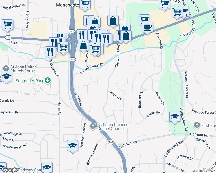 map of restaurants, bars, coffee shops, grocery stores, and more near 401 Enchanted Parkway in Ballwin