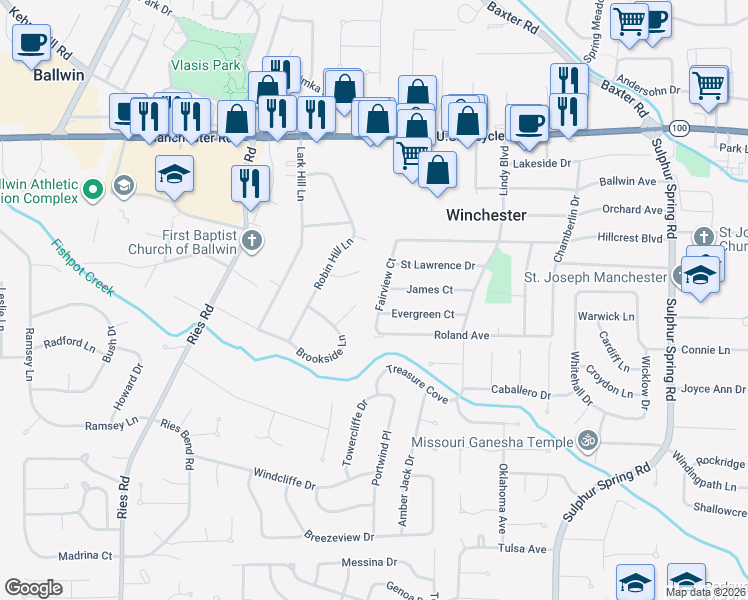 map of restaurants, bars, coffee shops, grocery stores, and more near 429 Fairview Court in Ballwin
