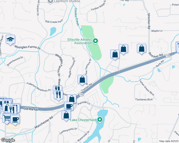 map of restaurants, bars, coffee shops, grocery stores, and more near 16219 Autumn View Terrace Drive in Ellisville