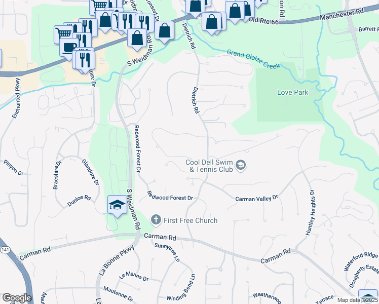 map of restaurants, bars, coffee shops, grocery stores, and more near 1310 Dietrich Oaks Drive in Ballwin