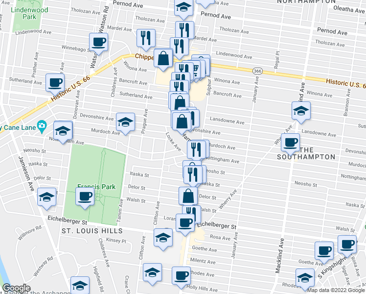 map of restaurants, bars, coffee shops, grocery stores, and more near 4724 Locke Avenue in St. Louis