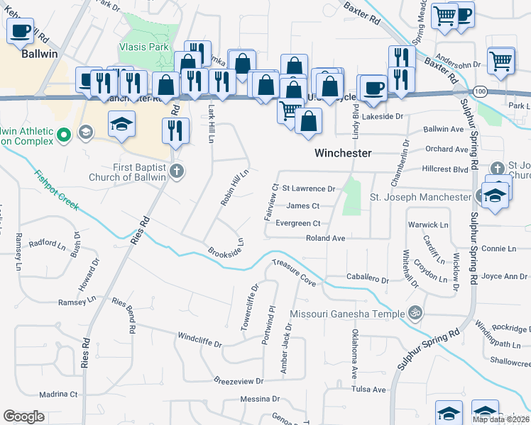 map of restaurants, bars, coffee shops, grocery stores, and more near 429 Fairview Court in Ballwin