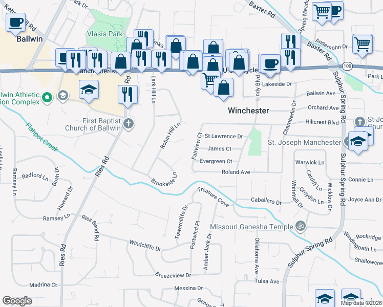 map of restaurants, bars, coffee shops, grocery stores, and more near 429 Fairview Court in Ballwin