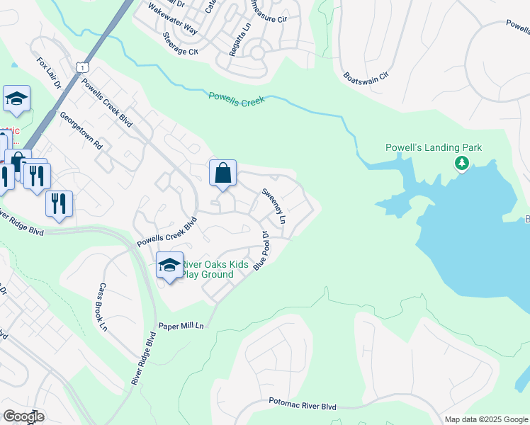 map of restaurants, bars, coffee shops, grocery stores, and more near 2516 Hildas Way in Woodbridge