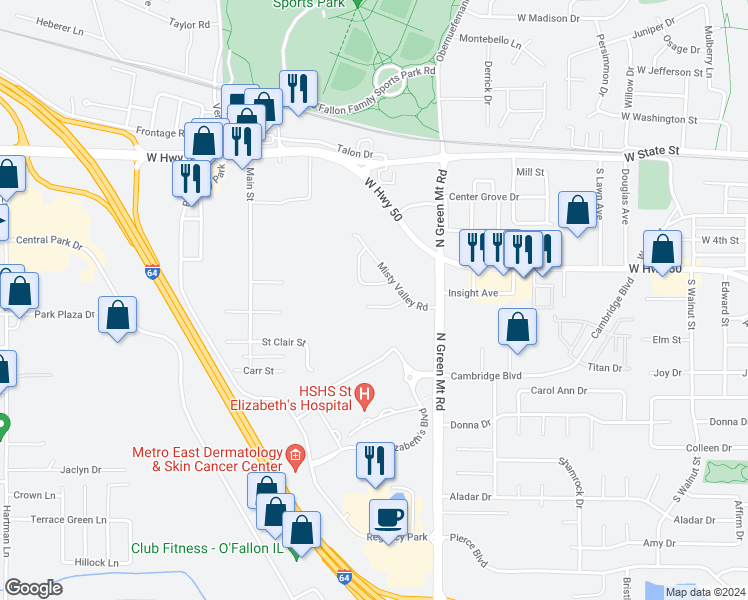 map of restaurants, bars, coffee shops, grocery stores, and more near 625 Wintergreen Drive in O'Fallon