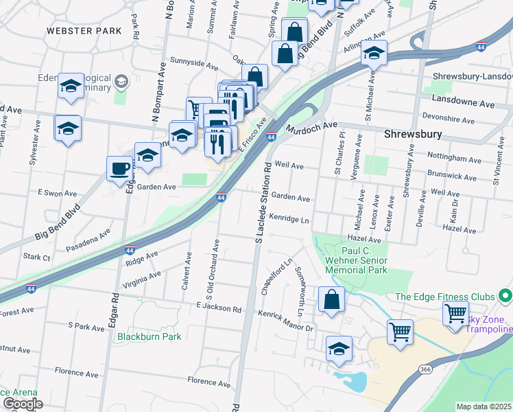 map of restaurants, bars, coffee shops, grocery stores, and more near 144 Cottage Avenue in Webster Groves