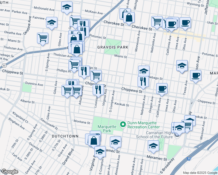 map of restaurants, bars, coffee shops, grocery stores, and more near 3218 Chippewa Street in St. Louis