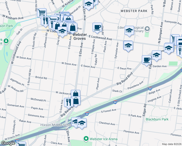 map of restaurants, bars, coffee shops, grocery stores, and more near 222 South Maple Avenue in Webster Groves