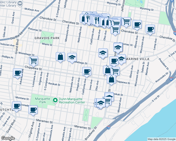 map of restaurants, bars, coffee shops, grocery stores, and more near 3730 California Avenue in St. Louis