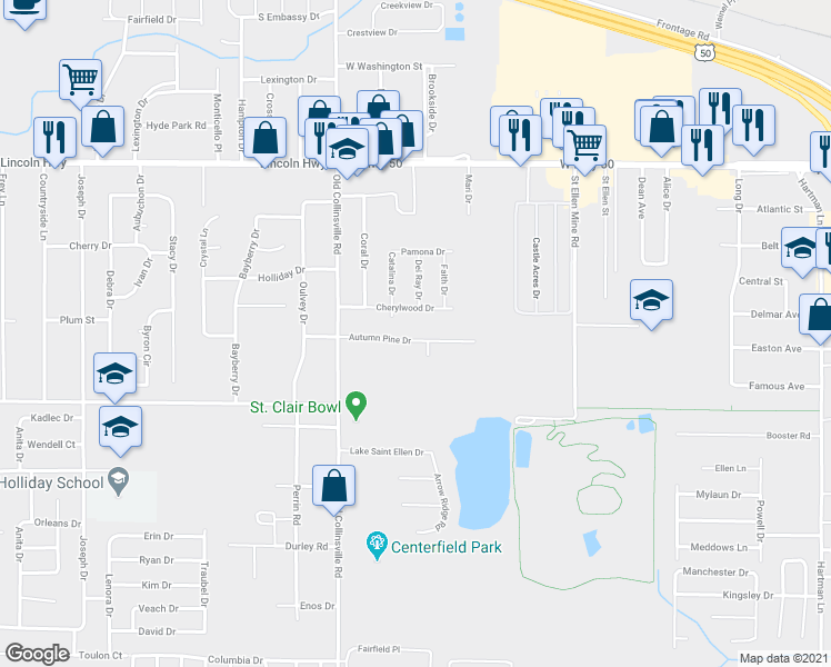 map of restaurants, bars, coffee shops, grocery stores, and more near 144 Autumn Pine Drive in Fairview Heights