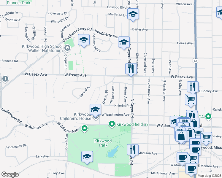 map of restaurants, bars, coffee shops, grocery stores, and more near 473 Dickens Avenue in Kirkwood