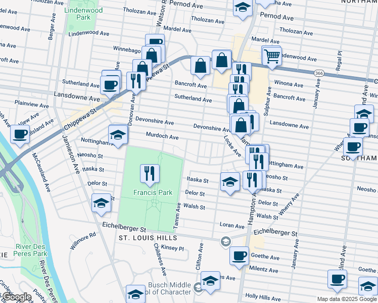 map of restaurants, bars, coffee shops, grocery stores, and more near 4724 Tamm Avenue in St. Louis
