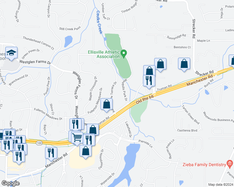 map of restaurants, bars, coffee shops, grocery stores, and more near 16219 Autumn View Terrace Drive in Ellisville