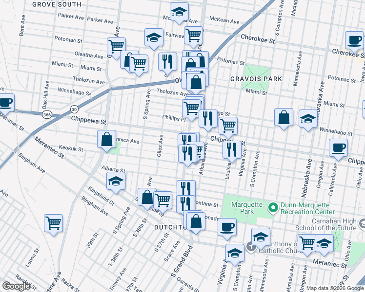 map of restaurants, bars, coffee shops, grocery stores, and more near 3841 South Grand Boulevard in St. Louis