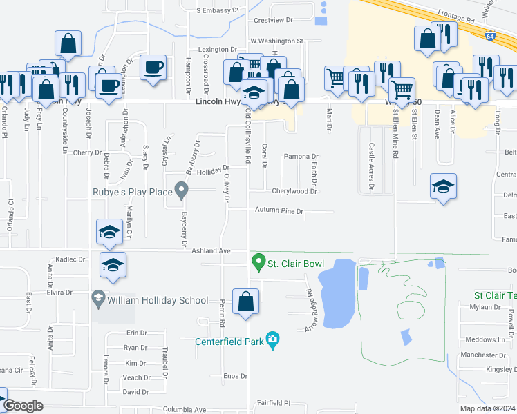 map of restaurants, bars, coffee shops, grocery stores, and more near 100 Autumn Pine Drive in Fairview Heights