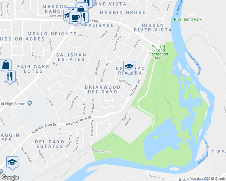 map of restaurants, bars, coffee shops, grocery stores, and more near 1300 Los Rios Drive in Carmichael