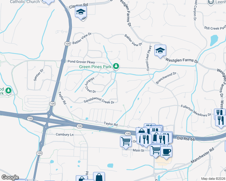 map of restaurants, bars, coffee shops, grocery stores, and more near 16730 Hickory Meadows Court in Ballwin