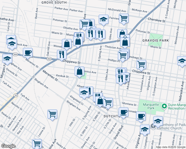 map of restaurants, bars, coffee shops, grocery stores, and more near 3754 Dunnica Avenue in St. Louis