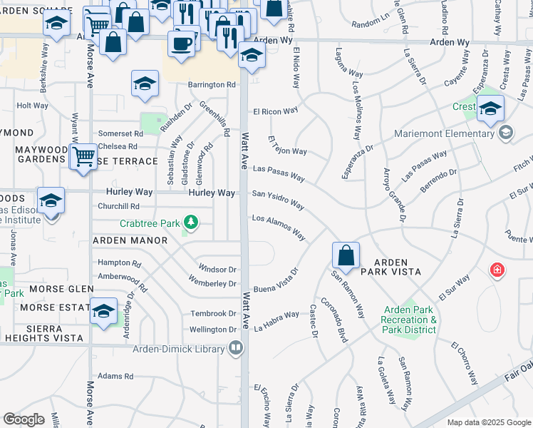 map of restaurants, bars, coffee shops, grocery stores, and more near 3531 Los Alamos Way in Sacramento