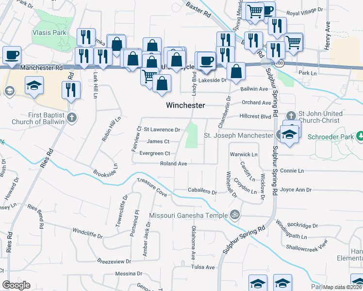map of restaurants, bars, coffee shops, grocery stores, and more near 420 Lindy Boulevard in Ballwin