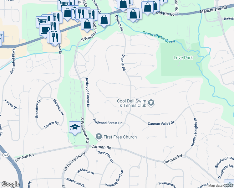 map of restaurants, bars, coffee shops, grocery stores, and more near 1310 Dietrich Oaks Drive in Ballwin