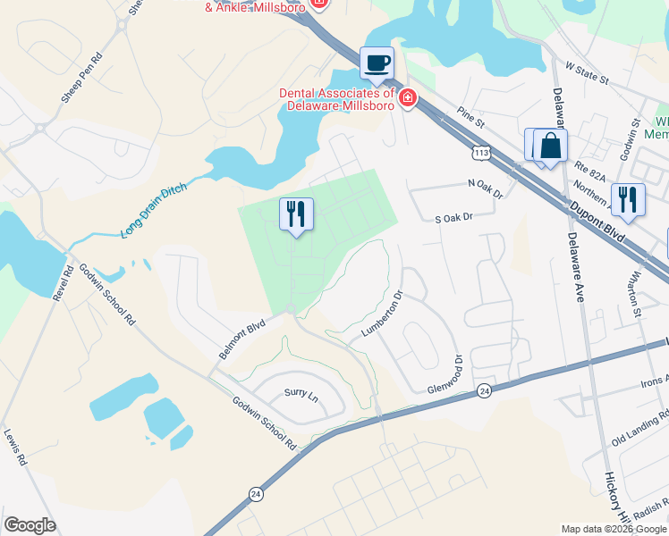 map of restaurants, bars, coffee shops, grocery stores, and more near 27668 Belmont Boulevard in Millsboro