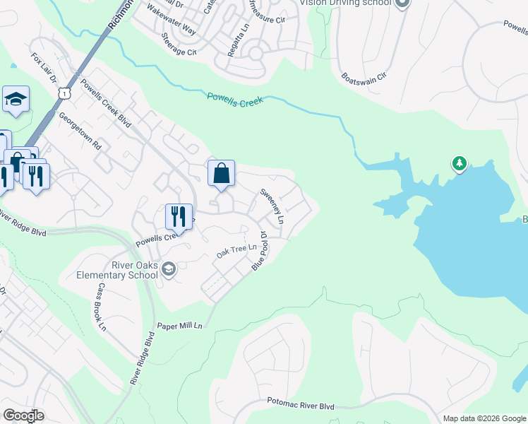 map of restaurants, bars, coffee shops, grocery stores, and more near 2514 Hildas Way in Woodbridge
