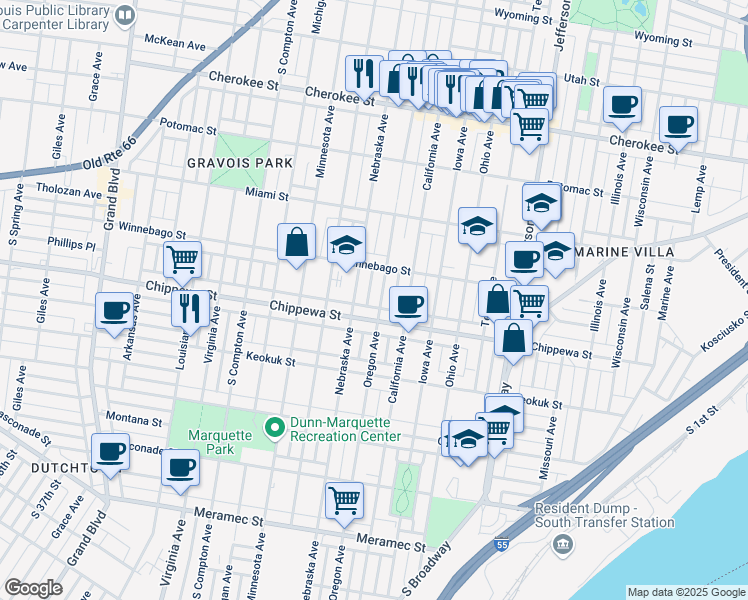 map of restaurants, bars, coffee shops, grocery stores, and more near 3737 Oregon Avenue in St. Louis