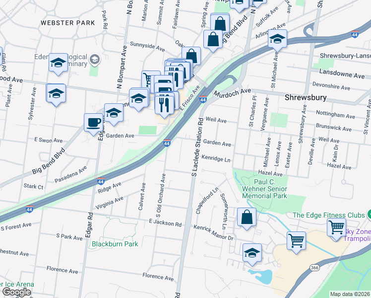 map of restaurants, bars, coffee shops, grocery stores, and more near 144 Cottage Avenue in Webster Groves