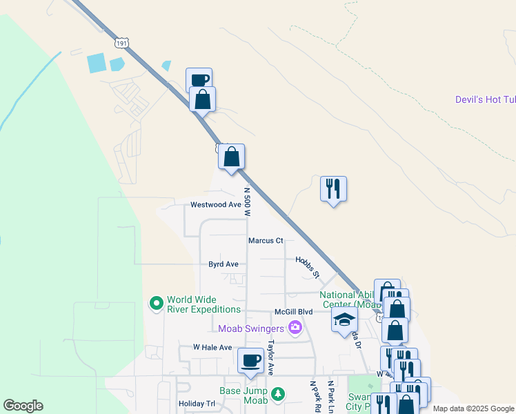 map of restaurants, bars, coffee shops, grocery stores, and more near 911 North Main Street in Moab