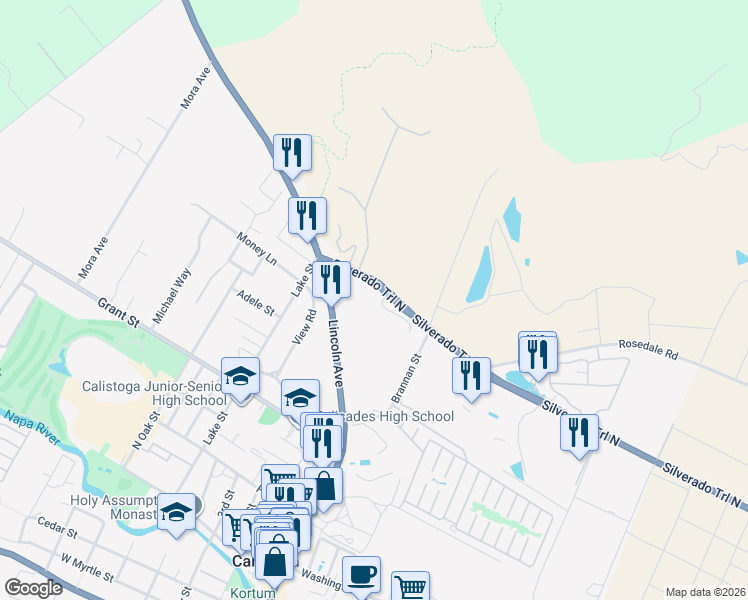 map of restaurants, bars, coffee shops, grocery stores, and more near 965 Silverado Trail North in Calistoga