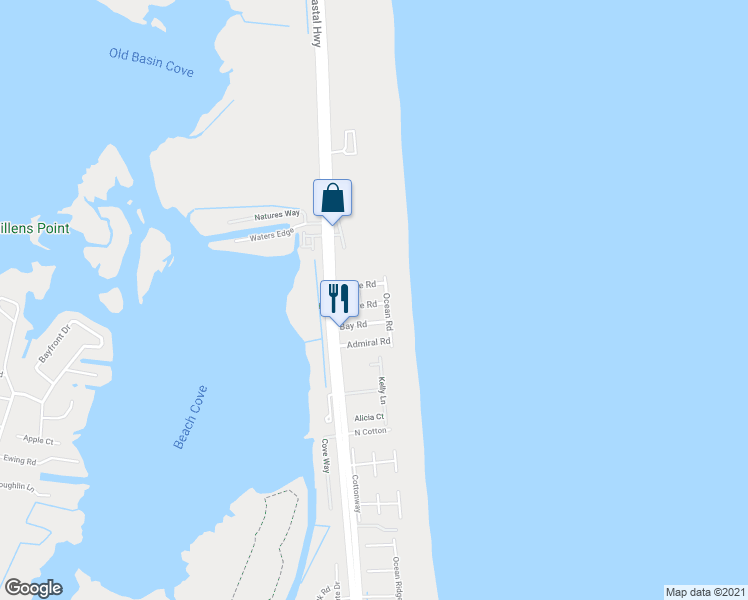 map of restaurants, bars, coffee shops, grocery stores, and more near 27 Cove Road in Bethany Beach