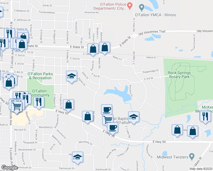 map of restaurants, bars, coffee shops, grocery stores, and more near 213 Lakewood Court in O'Fallon